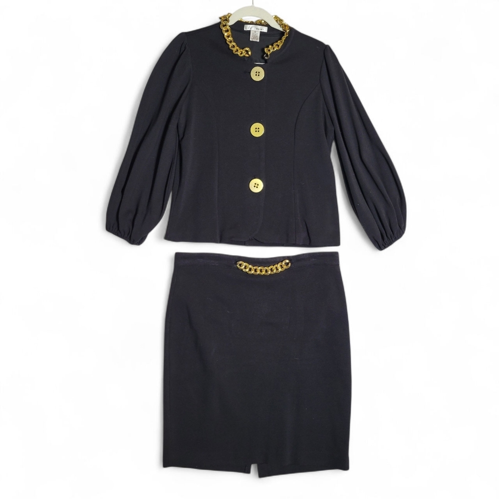Vintage 90s Black Skirt Suit Gold Curb Link Chain Embellished Sz 10 Power Suit - Picture 2 of 16
